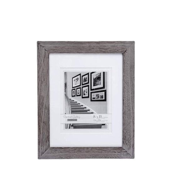 Gray wood-grain picture frame with white mat, suitable for 8x10 photos.