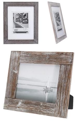 Rustic wood picture frames, including one with a sailboat photo.