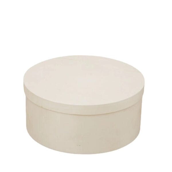 AUTO-DRAFT: Round, cream-colored hat box with lid.