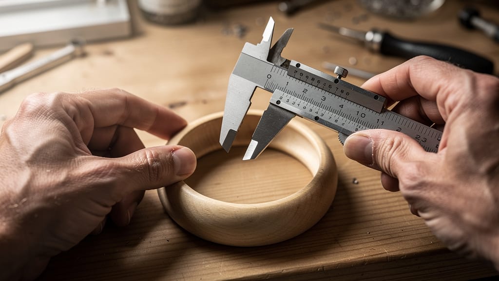 How are bangles measured: measuring a wooden bangle's inner diameter with calipers for accurate bangle sizing.
