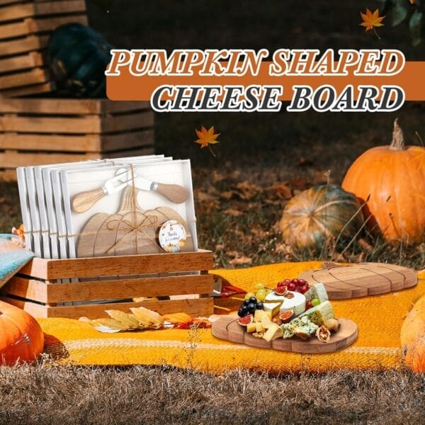 Pumpkin-shaped cheese board with cheese knives, perfect for fall entertaining and holiday gatherings.