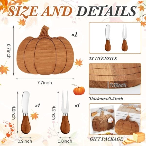 Pumpkin-shaped wooden cheese board set with utensils and gift package. Size details shown.
