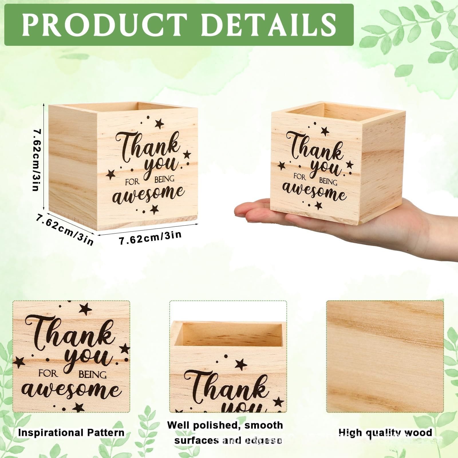 Wooden cube planter with "Thank You for Being Awesome" message, polished smooth surfaces, high-quality wood, 3x3x3 inches.