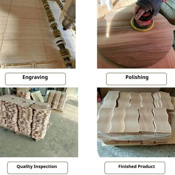 Personalized Wooden Trays manufacturing process: engraving, polishing, quality inspection, and finished Acacia serving trays.