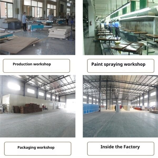 Factory workshops: production, paint spraying, packaging, and the inside of the factory where Personalized Wooden Trays are made.