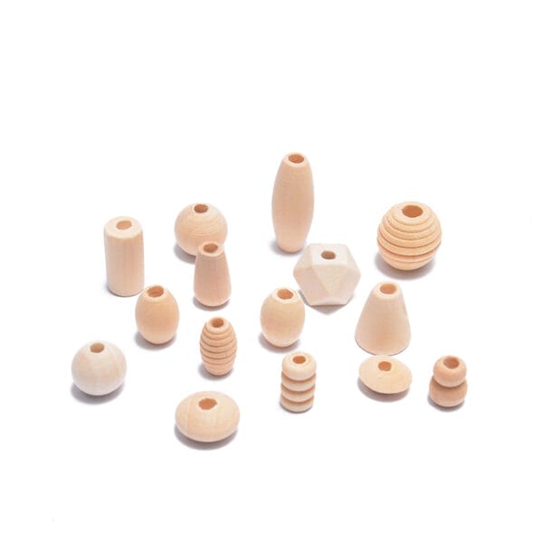 Unfinished wood beads bulk mix featuring assorted shapes like ovals, cylinders, and geometric designs for DIY jewelry.
