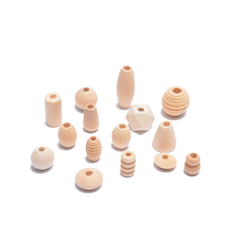 Unfinished wood beads bulk mix featuring assorted shapes like ovals, cylinders, and geometric designs for DIY jewelry.
