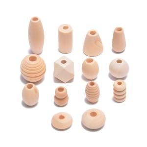 Assorted unfinished wood beads in various shapes: oval, cylindrical, conical, spherical, and geometric for DIY jewelry making.