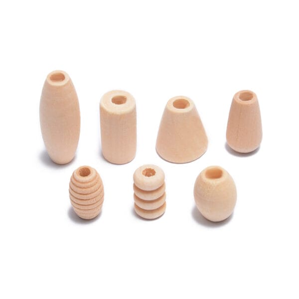 Assorted unfinished wood beads in various shapes: oval, cylinder, cone, and ribbed round, for DIY jewelry making.
