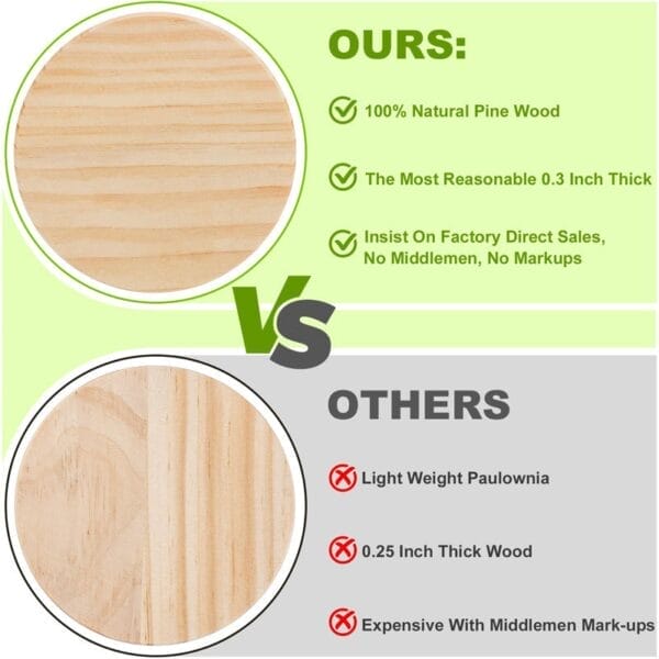 Pine wood circles comparison: 0.3 inch thick natural wood vs 0.25 inch paulownia wood.