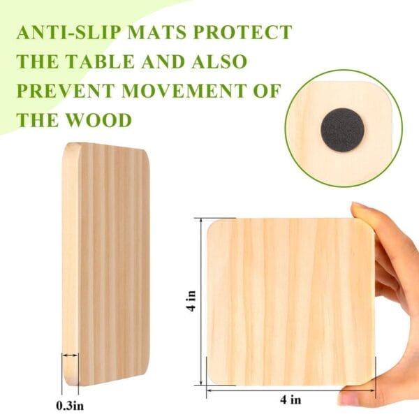 Square wood coasters with anti-slip mats, protecting tables and preventing movement