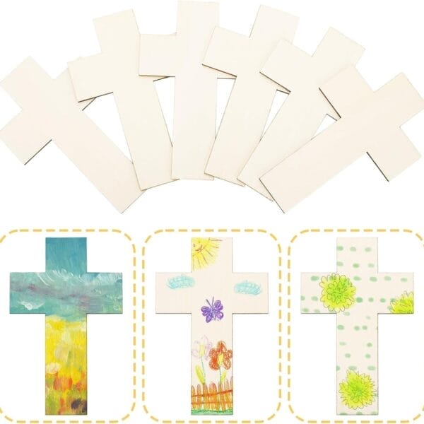 Unfinished wooden crosses and examples showing painting and drawing decoration ideas.