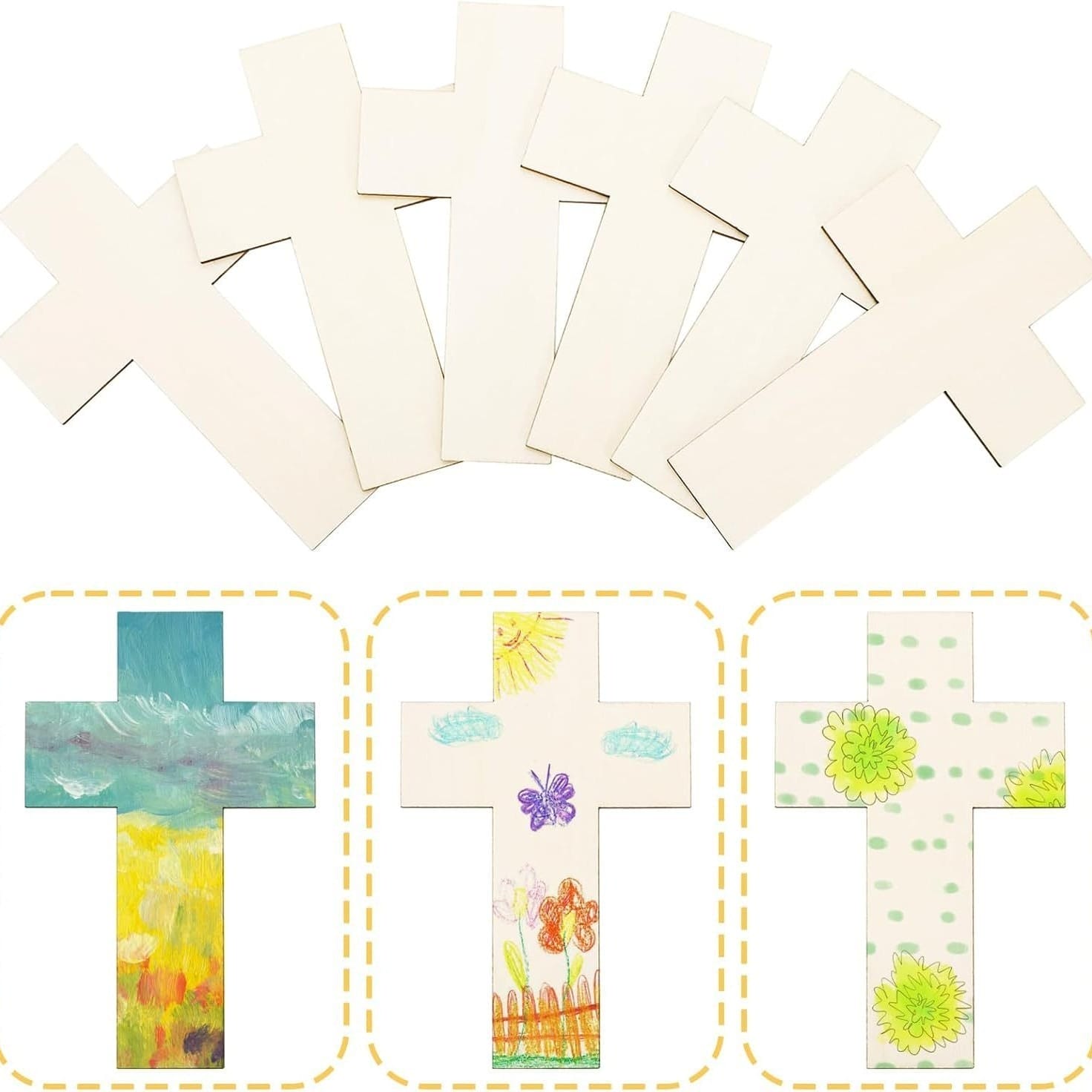 Unfinished wooden crosses and examples showing painting and drawing decoration ideas.