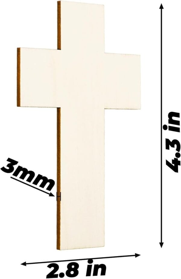 Wooden cross with dimensions 4.3 x 2.8 inches and 3mm thickness.