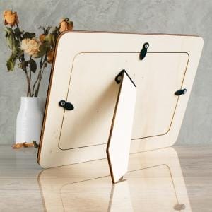 Blank Wood Framed Sign: Wholesale DIY photo frame with stand, viewed from the back.