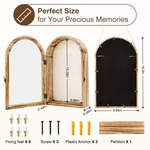 Triple wooden arched frame with dimensions and hardware (nails, screws, plastic anchors, partition) shown.