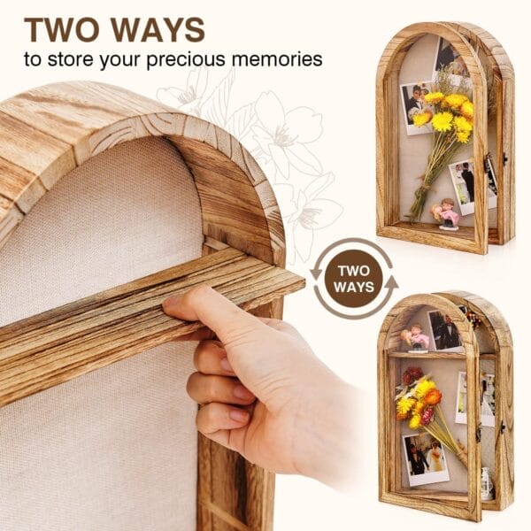 Unfinished Wood Shadow Boxes Wholesale: Wooden memory box with shelf and door, for storing photos and keepsakes in two ways.