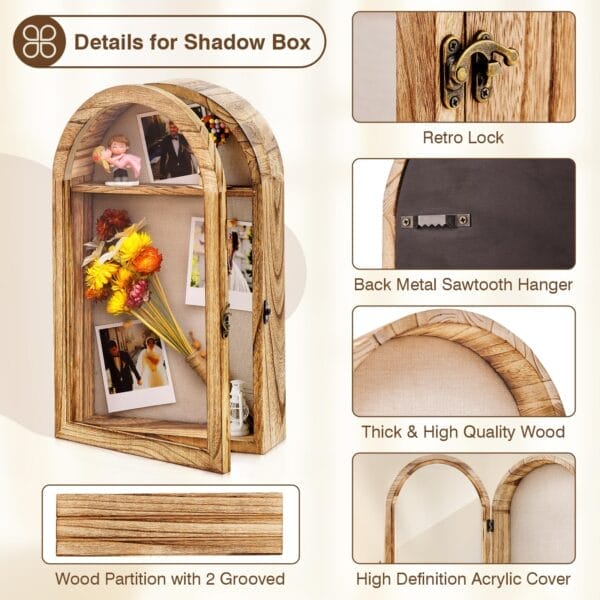 Rustic arched shadow box with retro lock, sawtooth hanger, wood partition, and acrylic cover.