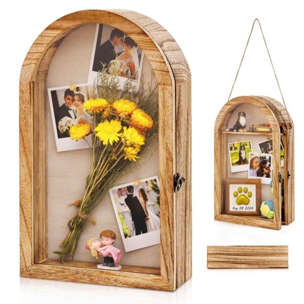Arched wooden shadow box display case with photos, flowers, and figurines. Hanging or tabletop decor.