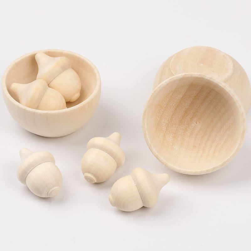 Wooden acorns and bowls set. Unfinished wood craft pieces for DIY projects.