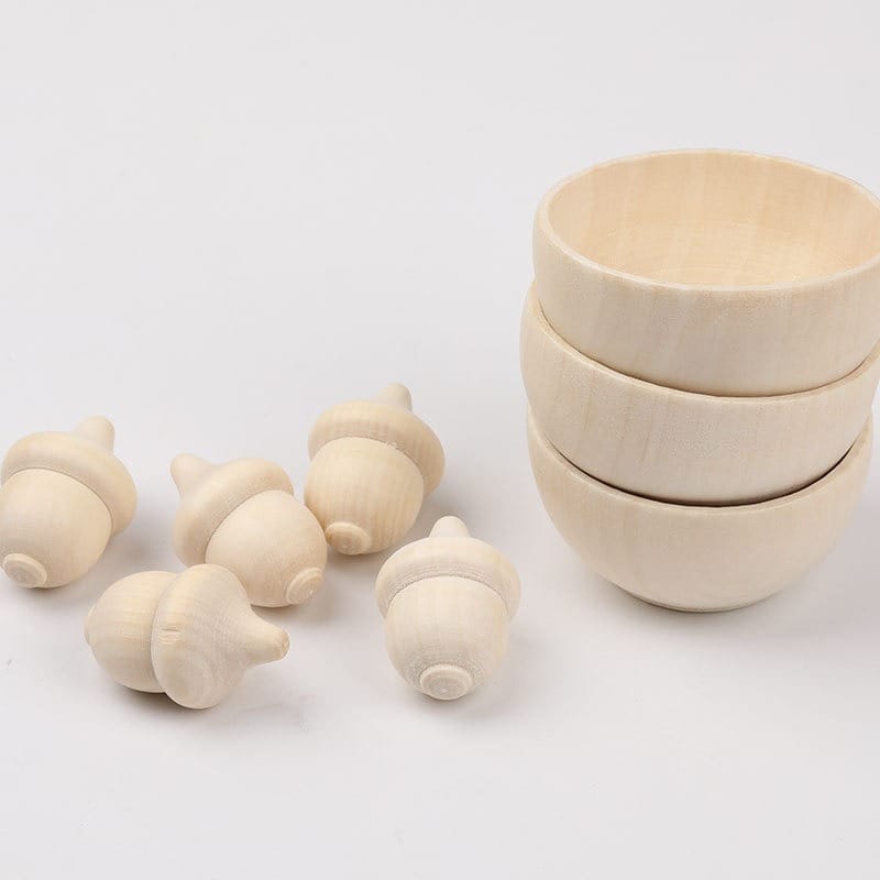 Wooden acorns and small wooden bowls, unfinished wood craft supplies