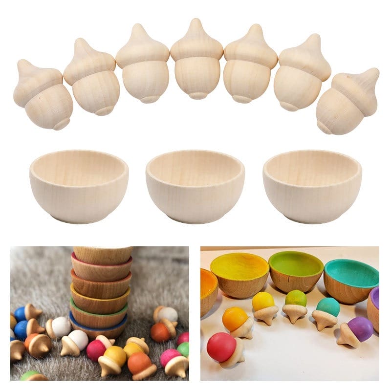 Unfinished wooden acorns and bowls for crafting, sorting, and open-ended play.