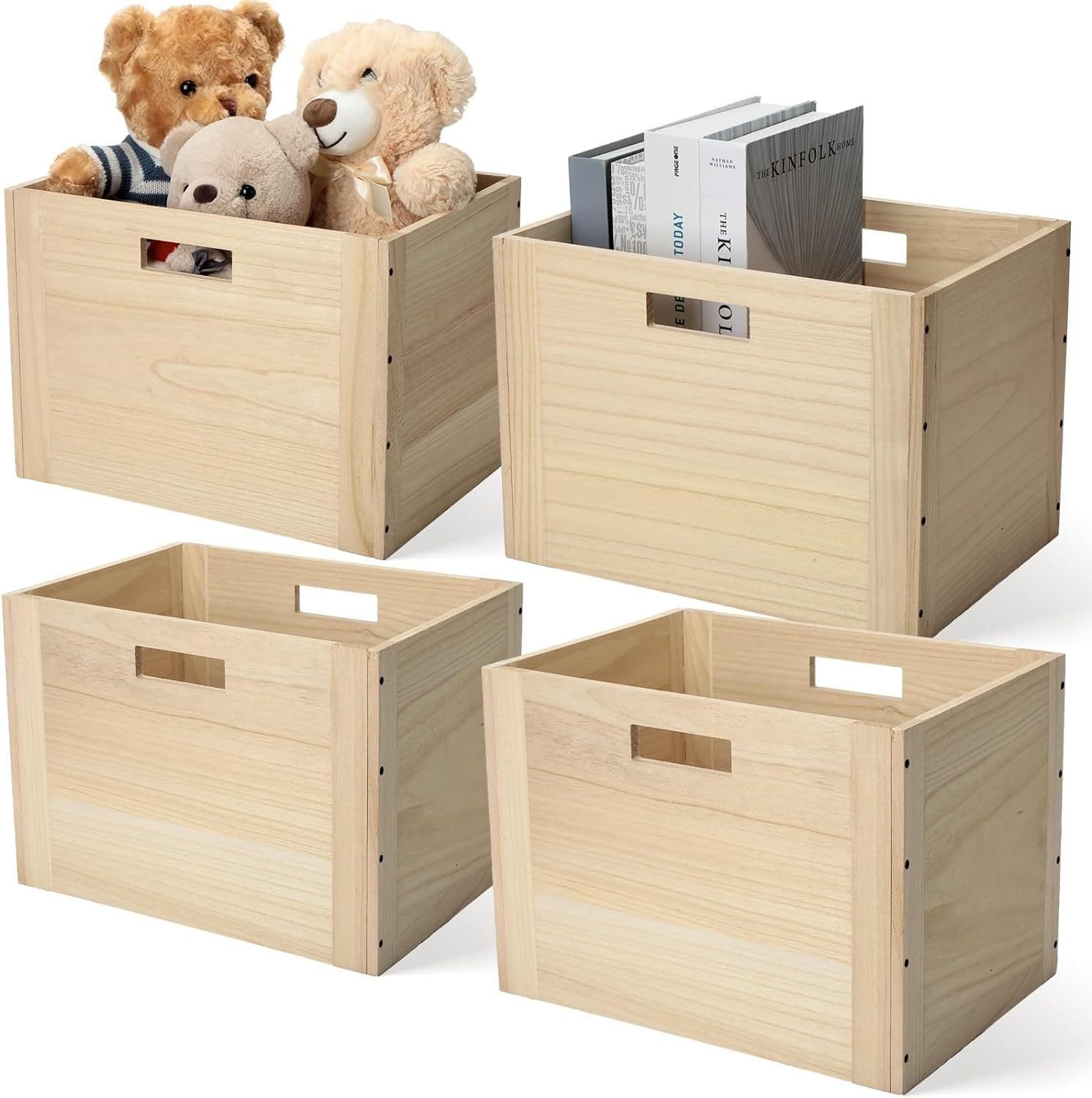 Light wooden storage boxes; one filled with teddy bears, one with books, and two empty.