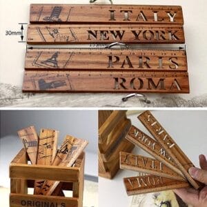AUTO-DRAFT: Wooden rulers featuring Italy, New York, Paris, & Roma with iconic landmarks & metric measurements