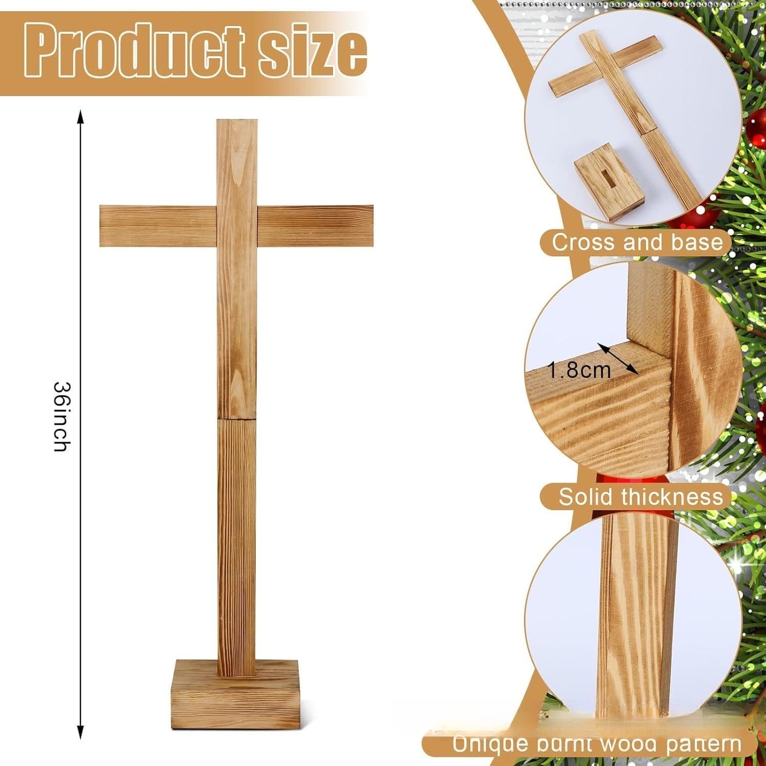 Wooden cross stand, 36 inches tall, with solid 1.8cm thickness and unique wood grain pattern.