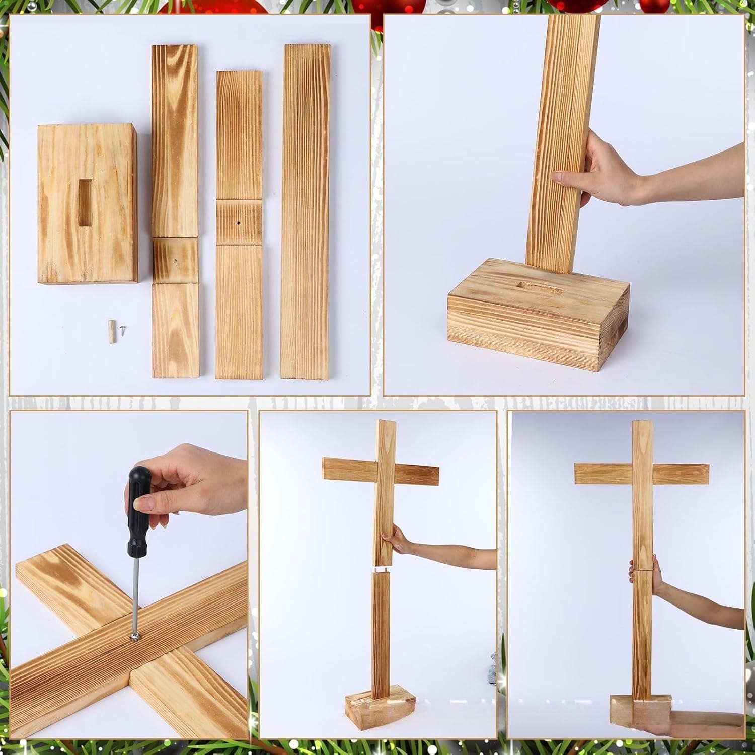 Wooden cross DIY kit assembly steps: base, vertical beam, horizontal beam, and screw shown.
