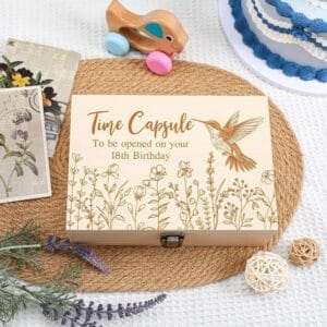 Time Capsule wooden box with hummingbird and floral design, to be opened on 18th birthday. Wholesale Wooden Christmas Eve Boxes