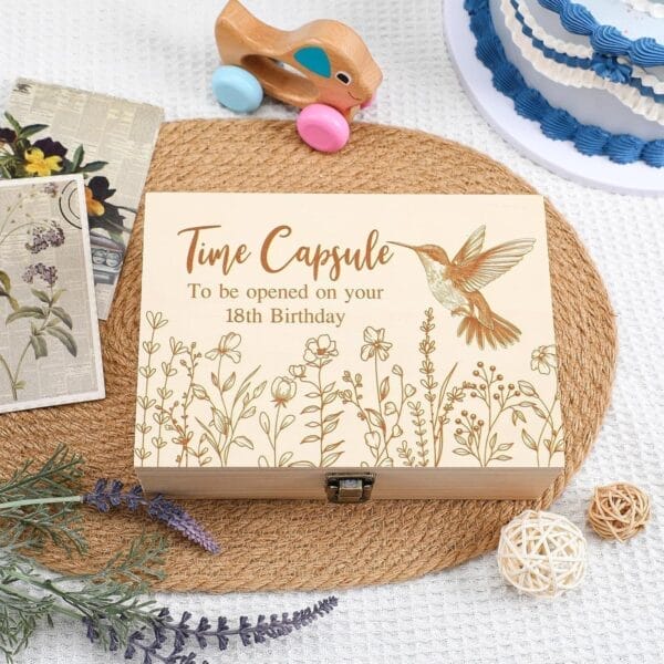 Time Capsule wooden box with hummingbird and floral design, to be opened on 18th birthday.