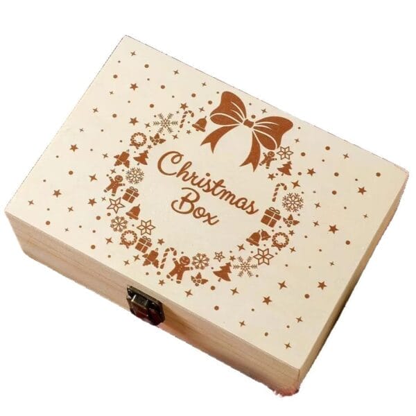Wooden Christmas Box with festive decorations and a bow, perfect for holiday storage or gifting