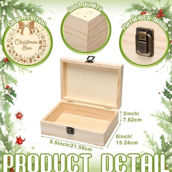 Wooden Christmas box with metal lock, clear printing, and good quality construction