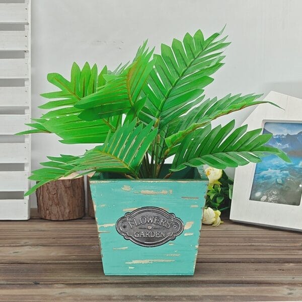 AUTO-DRAFT artificial palm in distressed turquoise "Flowers Garden" pot. Faux houseplant for home decor.