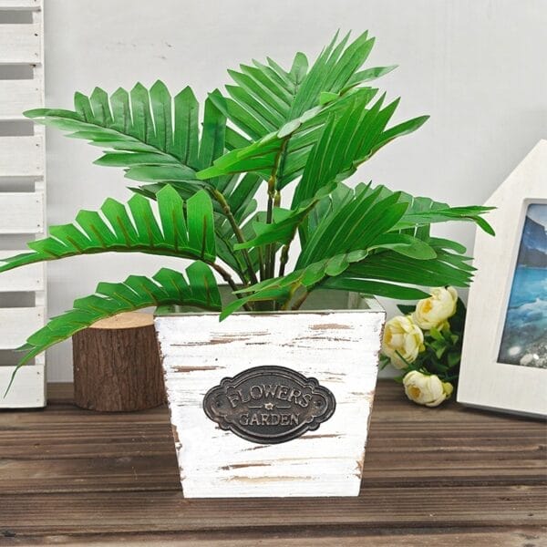 AUTO-DRAFT: Artificial palm plant in rustic white "Flowers Garden" wooden pot