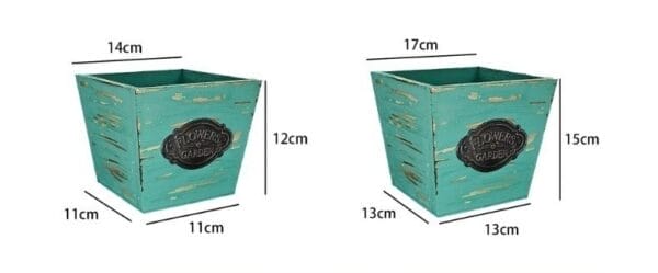 AUTO-DRAFT: Two rustic turquoise wooden flower pots with "Flowers Garden" emblem, distressed finish