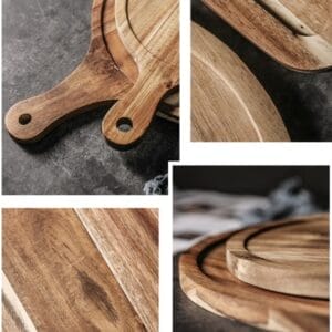 Wooden tray with handles, close-up showing natural wood grain. Eco-friendly pizza serving platter.