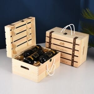 Stack of homemade pancakes with syrup. Wooden wine box wholesale