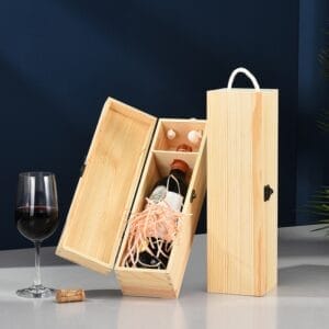Wine gift set: Open wooden box with wine bottle, closed box with handle, and glass of red wine. Wooden wine box wholesale