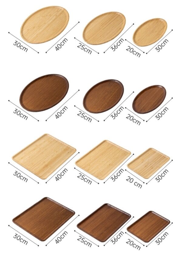Assorted wooden serving tray set: oval & rectangular shapes, light and dark wood tones, various sizes.