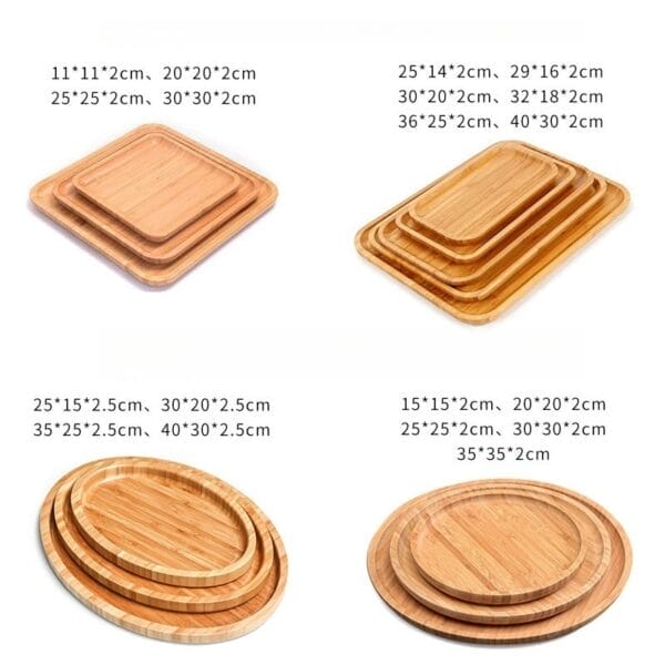 Wooden Serving Tray: Bamboo snack trays in square, rectangular, oval, and round shapes. Wholesale options available.
