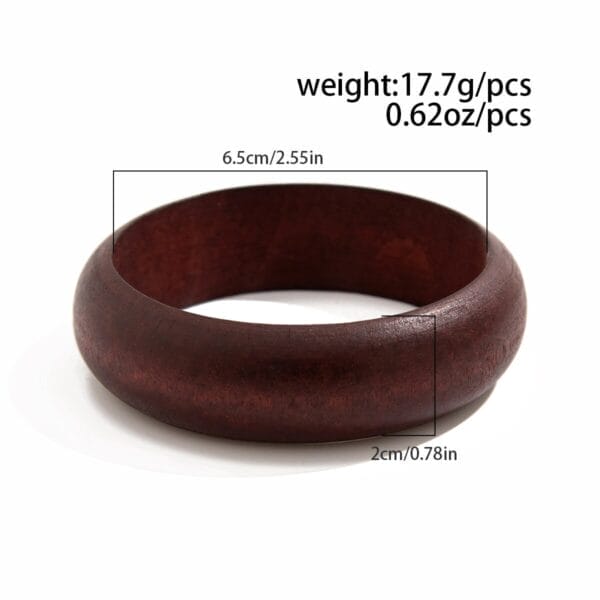 Dark brown wooden bangle; 6.5cm diameter, 2cm wide. Lightweight at 17.7g.