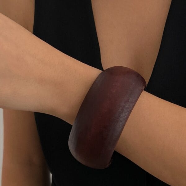 Vintage Geometric Wooden Bangle: Dark reddish-brown, thick wooden bracelet. Part of an English-Style Wooden Bracelet Trio.