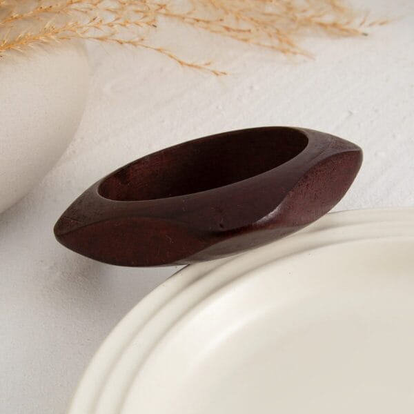 Vintage Geometric Wooden Bangle: Dark brown, irregular faceted English-style bracelet from the set.