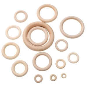 Assorted natural wood rings in multiple sizes, craft supplies