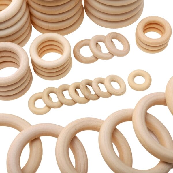 Assorted natural wood rings in multiple sizes, craft supplies for DIY projects