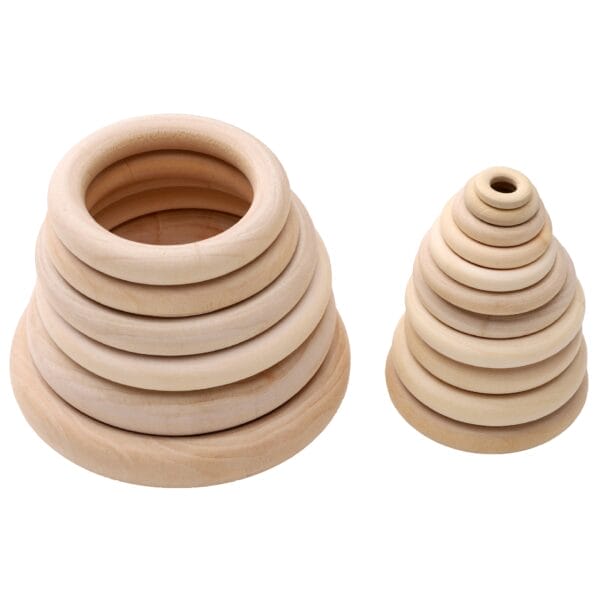 AUTO-DRAFT: Two stacks of natural wood rings, nesting toy