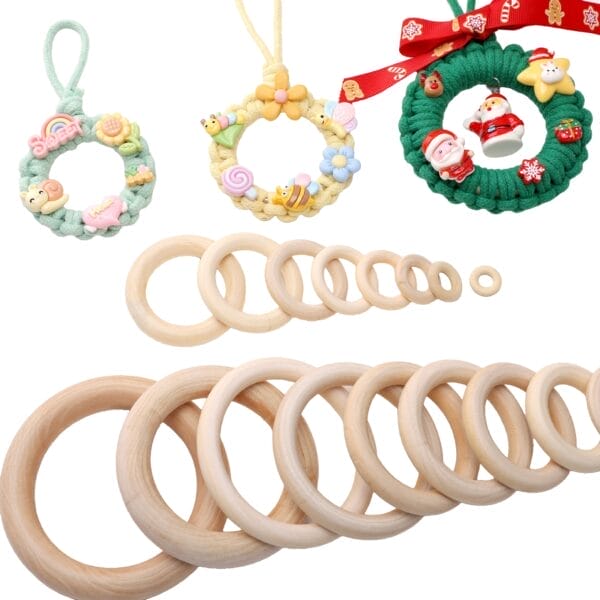 Craft rings: Wooden craft rings and macrame wreaths with Christmas, bee, and rainbow decorations