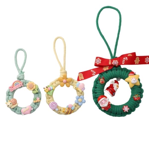Three decorative mini wreaths: pastel, sweet themed, and Christmas themed, perfect for ornaments or car charms